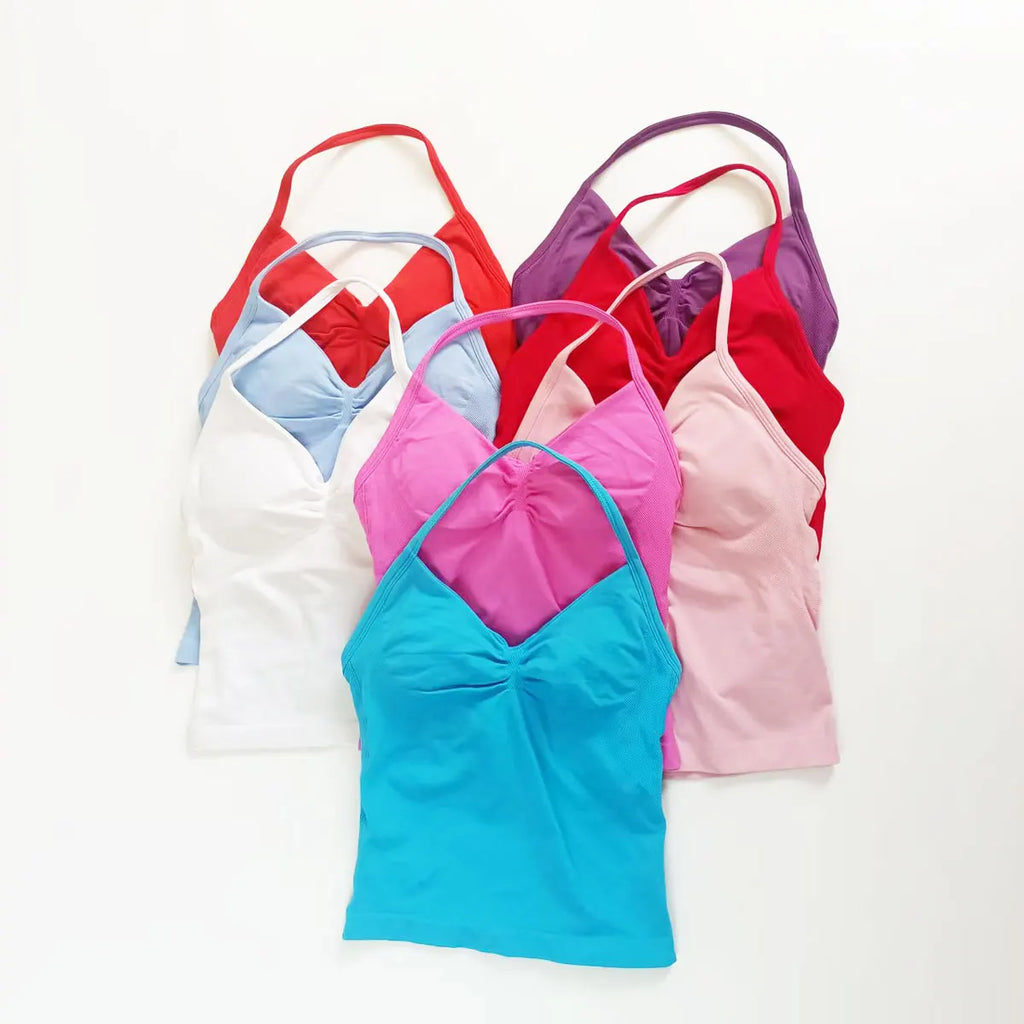 NCLAGEN Gym Longline Strappy Top Women Seamless Yoga Tank With Removable Pads V Neck Workout Clothes Sports Running Fitness Vest