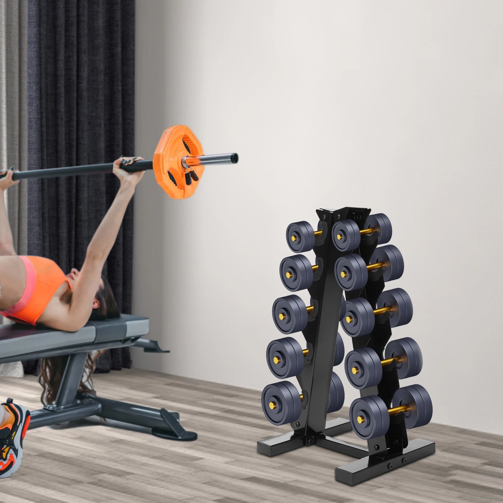 5-Tier Dumbbell Rack A-Frame Steel Dumbbell Holder Accommodate 5 Pairs Dumbbells 100kg Load-bearing Capacity for Home Gym